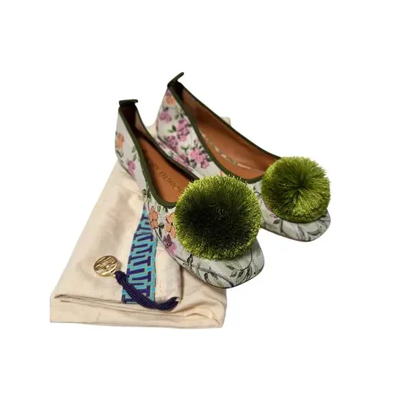 Tory Burch Floral Pom Pom Ballet Flats Size 6M NWOT Canvas Leather Slip On - Picture 10 of 10